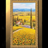 大芬高端纯手绘欧式风景田园向日葵花卉油画中式客厅玄关装饰挂画