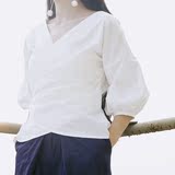 MYMOOD 交叉设计背部系带宫廷袖大牌感白衬衫高品质2016夏女新款