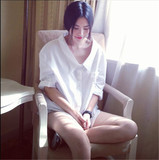 2016春季新款韩版bf风白衬衫一字领性感露肩衬衣宽松大码上衣 女