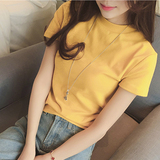 夏季新款纯色打底衫半高领韩国修身姜黄色短袖t恤女紧身纯棉上衣