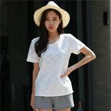 2016新款韩版夏装镂空蕾丝短袖t恤 宽松蕾丝衫上衣衫加厚防透女装
