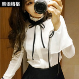 韩国2016春装新款学院风衬衫女喇叭长袖修身蝴蝶结少女学生白衬衫
