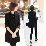 2016春季新品女装韩版一粒扣黑色小西装女中长款显瘦西服外套女潮
