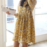 韩国女装代购 2016春季新款高腰娃娃衫款宽松七分袖碎花连衣裙