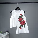 韩国花朵刺绣无袖白衬衫娃娃衫女夏天短款不规则下摆上衣纯棉衬衣