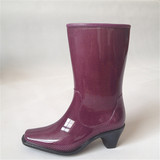 包邮粗跟雨靴女中高筒尖头牛仔雨鞋水鞋紫色时尚套鞋时尚YKK拉链
