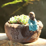 创意手工紫砂多肉花盆茶宠摆件小花盆个性彩砂陶瓷小和尚植物盆栽