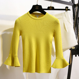 2016早秋新款女装韩版修身喇叭袖黄色冰丝短袖套头针织衫毛衣薄