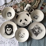 出口外贸原单动物儿童创意陶瓷餐具老虎猴子熊猫描金装饰西餐盘碗