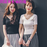 韩国夏新双V领纯色针织半袖t恤女短袖修身紧身露脐上衣短款打底衫