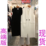 东大门定制2016新款韩版直筒白色西装马甲女V领中长款黑色外套潮