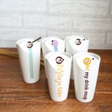 韩国创意文字马克杯 个性陶瓷咖啡杯 不锈钢吸管水杯办公室水杯子