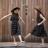 韩版女童背心连衣裙新款夏季中大儿童小清新碎花沙滩裙棉麻长裙子