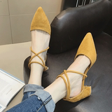新款绑带凉鞋女夏韩版中跟单鞋粗跟高跟鞋纯色绒面尖头鞋百搭女鞋
