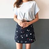 韩国代购2016夏装新款修身显瘦包臀裙子a字印花短裙高腰半身裙女