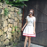 【INS】2016夏 韩版时髦撞色短袖上衣高腰镂空A字短裙针织套装女