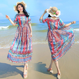 2016夏季波西米亚大码沙滩裙中长款海边度假显瘦长裙中袖连衣裙夏