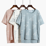 韩国夏天纯棉薄款立体印花短袖T恤女学生简约竹节棉中长款半袖衫