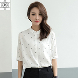 韩国清新学生棉麻上衣五分袖短袖波点衬衫女夏季休闲宽松短款衬衣
