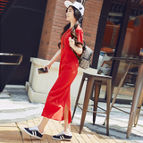 2016夏季韩版女装短袖纯棉红色中长款开叉简约个性修身显瘦连衣裙