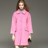 欧美高端秋冬款廓形粉色羊毛呢外套女中长款修身长袖翻领呢子大衣