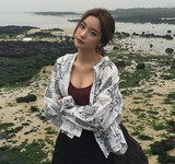 韩国 chic复古菠萝印花短款长袖棉麻衬衫 度假风防晒衣开衫外套女