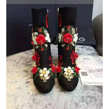 DG杜嘉班纳2015高跟中筒靴绣花铆钉女鞋粗跟玫瑰花朵