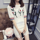2016夏季新款韩版时尚花卉贴布条纹网纱拼接袖t恤针织透视上衣女
