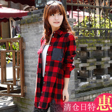 2016春秋韩版学生纯棉格格外套大码宽松长袖红黑格子衬衫女中长款