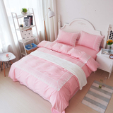 韩式公主风床上纯棉四件套全棉粉色素色纯色花边蕾丝被套床单床笠