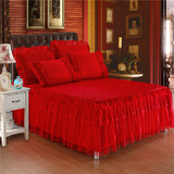 夹棉床裙纯棉蕾丝床罩单件大红色床笠结婚庆欧式双人粉色床群加厚