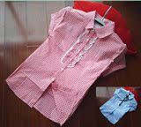 2016夏季新甜美纯棉短袖格子衬衫女士学院风淑女泡泡袖衬衣带领结