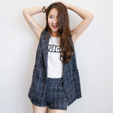 2016夏季新款大码西服女韩版休闲棉麻格子马甲西装短裤两件套套装