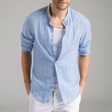 夏季男士亚麻长袖衬衫韩版立领棉麻衬衣薄款休闲纯色麻布上衣大码