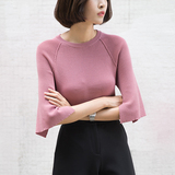 弹力时尚针织衫女套头韩版2016新款潮显瘦七分袖纯色短款修身上衣