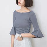 条纹T恤女修身韩版短款个性潮一字领露肩上衣夏2016新款性感显瘦