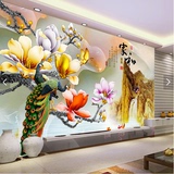 中式玉雕3D家和富贵大型壁画墙纸山水玉兰花孔雀客厅电视背景墙