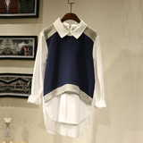 2016秋装新款女装韩版假两件针织拼接上衣前短后长长款打底女衬衫