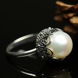 泰国复古手工纯天然淡水白珍珠戒指环圆形925纯银女款饰品原创