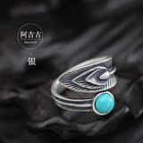 日本高桥吾郎goro's 泰银复刻天然绿松石羽毛开口戒指 个性指环