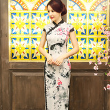 中式改良大码真丝旗袍长款夏复古优雅日常修身显瘦水墨旗袍妈妈装
