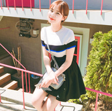 2016韩国夏新款学院风针织短袖条纹T恤女学生修身套头针织打底衫