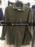 HM H＆M专柜正品代购 男装厚款棉质梭织纽扣胸袋军绿色长袖衬衫