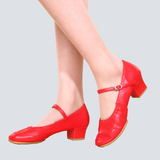 春夏季玛丽珍鞋舞蹈鞋女式软底真皮中跟成人广场舞鞋红色皮鞋单鞋