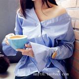 2016韩国东大门新款v领斜边露肩喇叭袖系带蓝色条纹衬衫设计款女