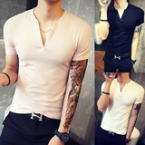 夏季纯棉短袖T恤男韩版个性V领修身弹力青少年纯色体恤衫上衣潮流