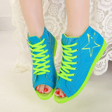 2015夏季韩版新款 女版拼色鱼嘴鞋 透气帆布凉鞋休闲平底女鞋子