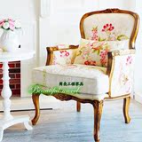 美式实木做旧单人老虎椅 欧式法式实木雕花布单人休闲沙发椅脚蹬
