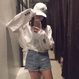 2016新款字母印花白色长袖T恤女学生韩版宽松棉质百搭简单体恤