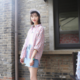 2016夏天新款格子衬衫女韩范学院风简约休闲外套长袖POLO领上衣